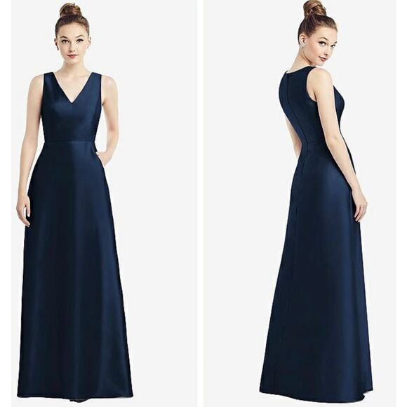 Alfred Sung NWT Gown Maxi Dress NWT Satin V-Neck Pockets D778 Midnight Sz 16 - Picture 2 of 12